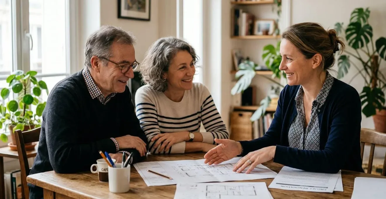 Famille en consultation avec un conseiller France Rénov' autour d'une table avec documents de rénovation