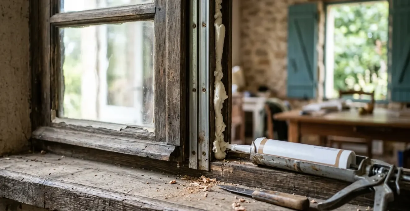 Fenêtre ancienne en bois avec différents types de joints d'isolation visibles lors de travaux de rénovation