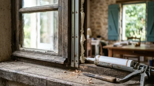 Fenêtre ancienne en bois avec différents types de joints d'isolation visibles lors de travaux de rénovation