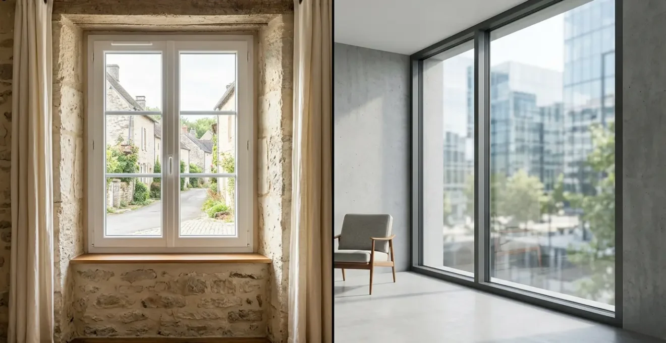Comparaison visuelle entre une fenêtre PVC moderne et une fenêtre aluminium dans un intérieur contemporain français