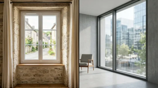 Comparaison visuelle entre une fenêtre PVC moderne et une fenêtre aluminium dans un intérieur contemporain français