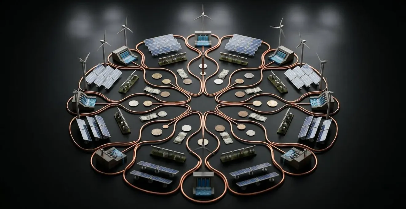 Diagramme conceptuel montrant la circulation de l'argent dans une coopérative énergétique avec producteurs et consommateurs