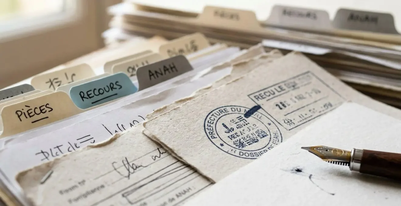 Documents administratifs organisés pour un recours ANAH avec dossier, courrier et justificatifs