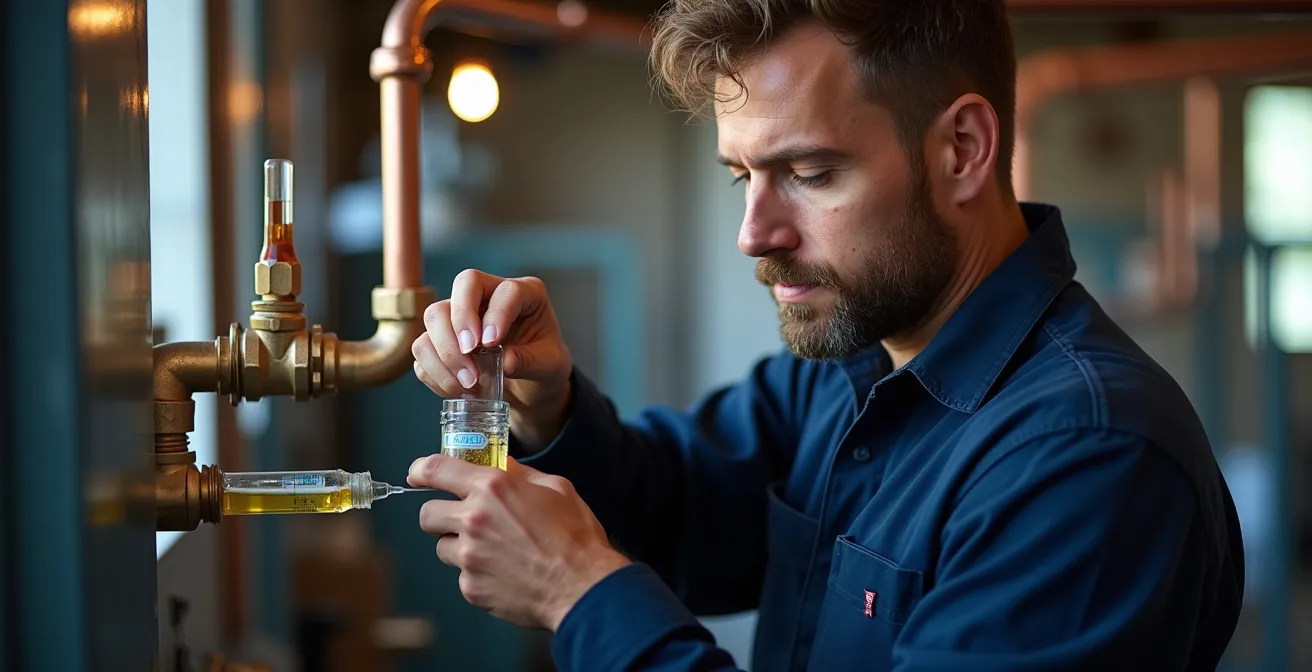 Professionnel injectant un inhibiteur de corrosion dans le vase d'expansion d'une chaudière