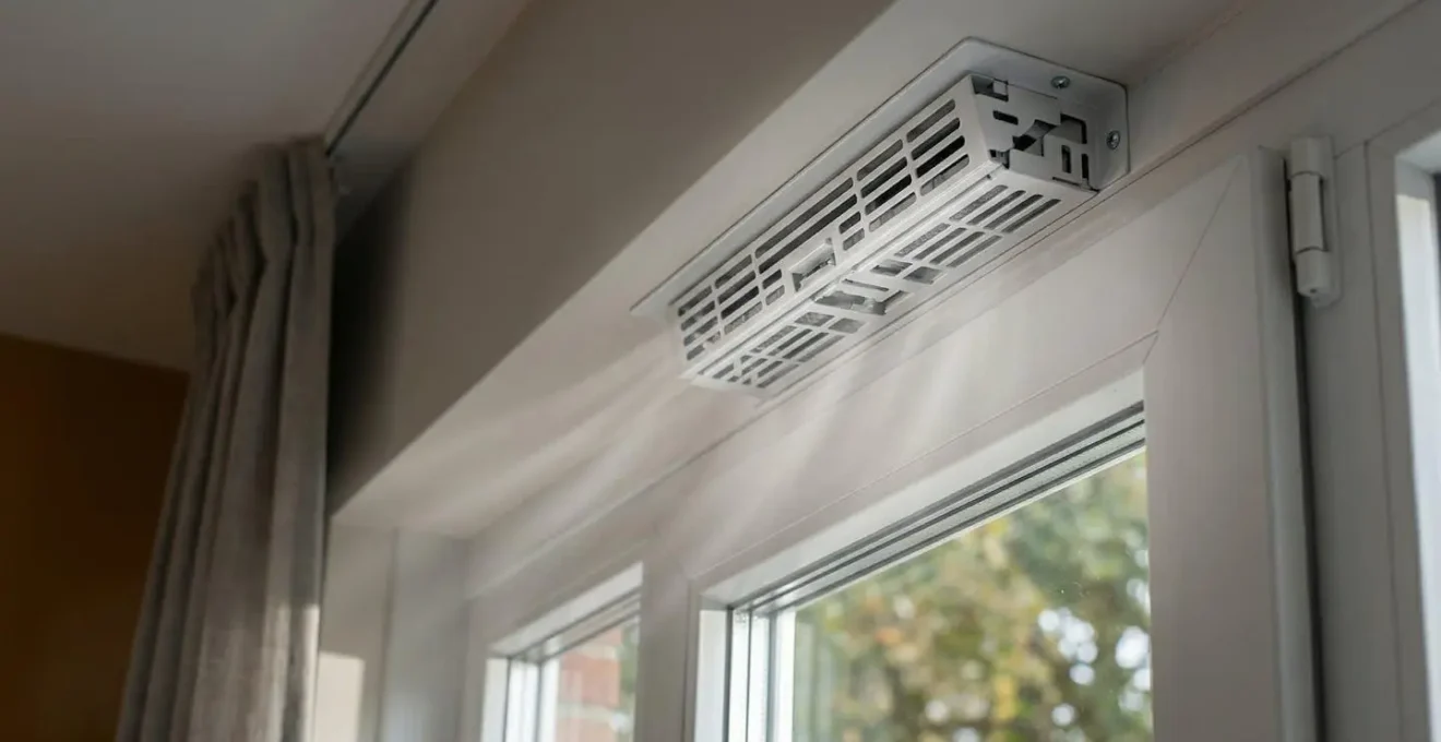 Vue technique d'une grille d'aération hygroréglable installée sur traverse haute de fenêtre PVC