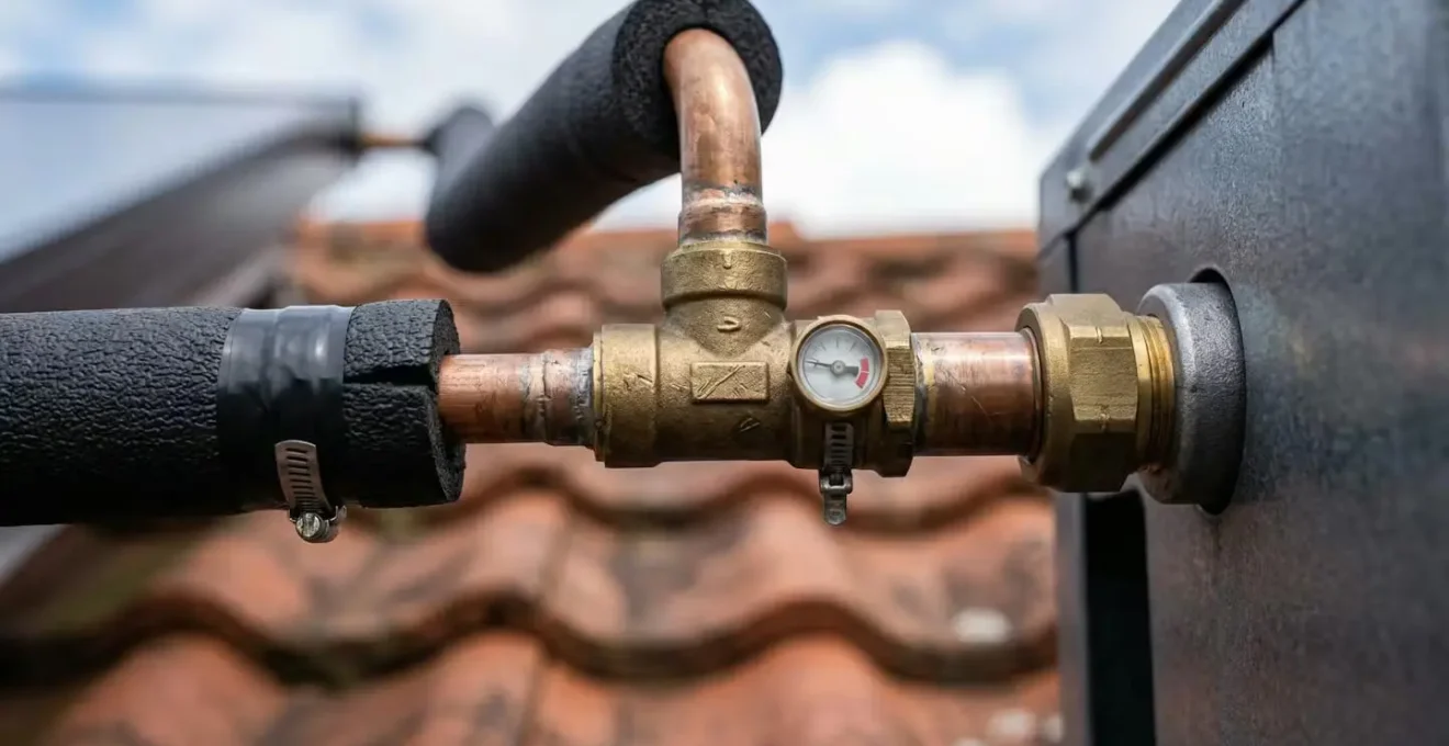 Installation technique montrant pompe à chaleur et panneaux solaires thermiques sur toiture française