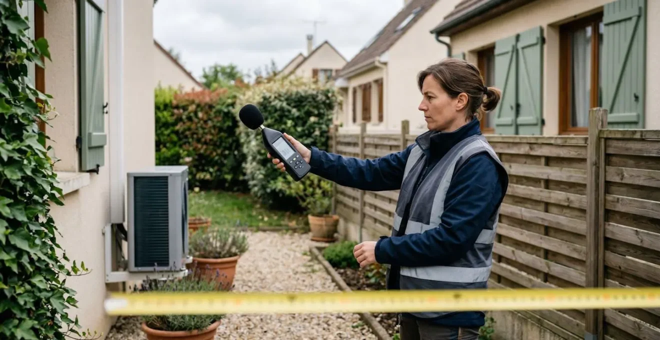 Technicien mesurant la distance entre pompe à chaleur et maison voisine avec sonomètre professionnel