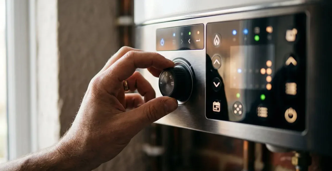 Main ajustant les réglages de courbe de chauffe sur panneau de commande de chaudière moderne