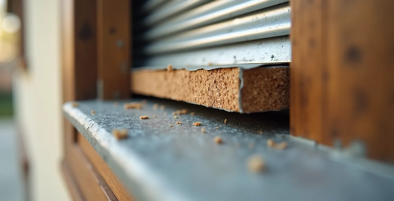 Vue détaillée de l'isolation d'un coffre de volet roulant tunnel typique des années 80