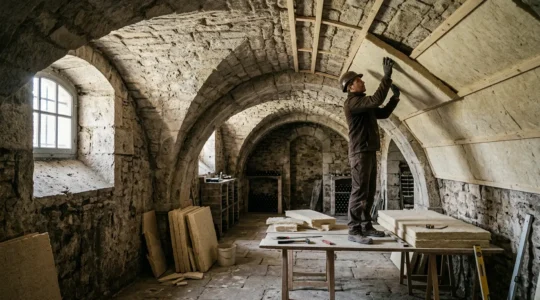 Vue en contre-plongée d'un artisan installant des panneaux d'isolation au plafond d'une cave voûtée en pierre