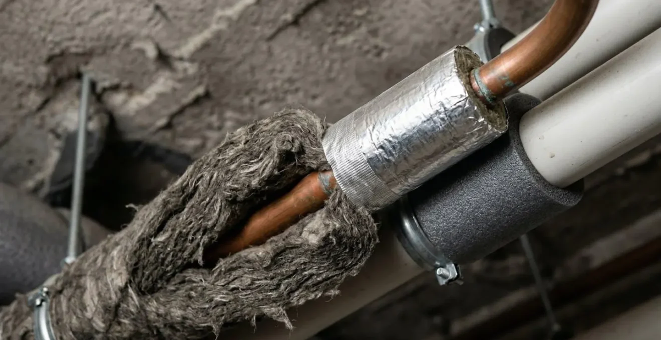 Gros plan sur des tuyaux de plomberie isolés avec des manchons thermiques au plafond d'une cave
