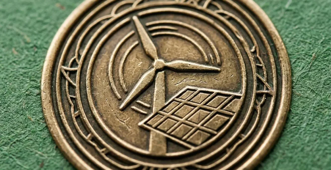 Badge de certification avec éolienne et panneaux solaires intégrés dans un design épuré symbolisant la garantie énergétique