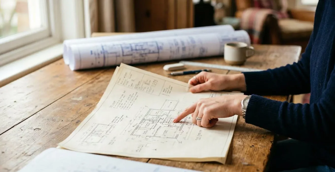 Mains d'un professionnel examinant des documents techniques avec des plans architecturaux en arrière-plan flouté