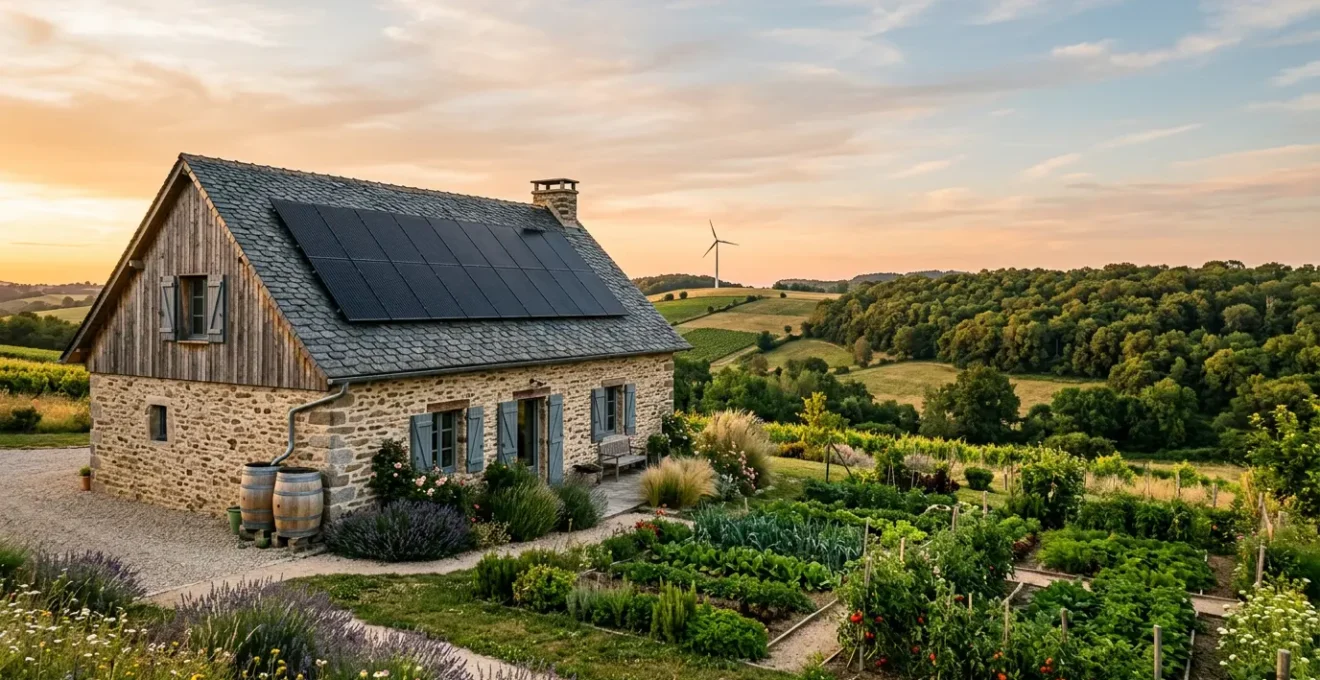 Maison moderne autonome avec panneaux solaires sur le toit dans la campagne française