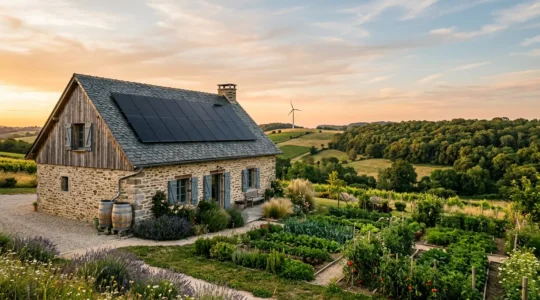 Maison moderne autonome avec panneaux solaires sur le toit dans la campagne française
