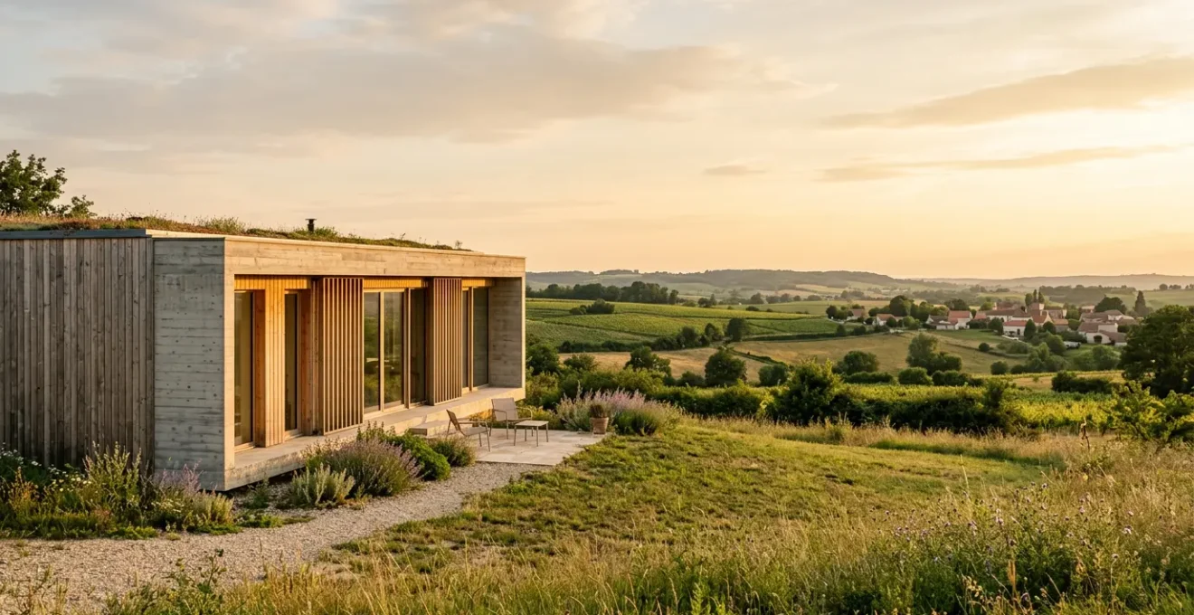 Vue extérieure d'une maison passive moderne en France avec isolation renforcée et grandes baies vitrées orientées sud