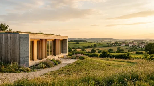 Vue extérieure d'une maison passive moderne en France avec isolation renforcée et grandes baies vitrées orientées sud