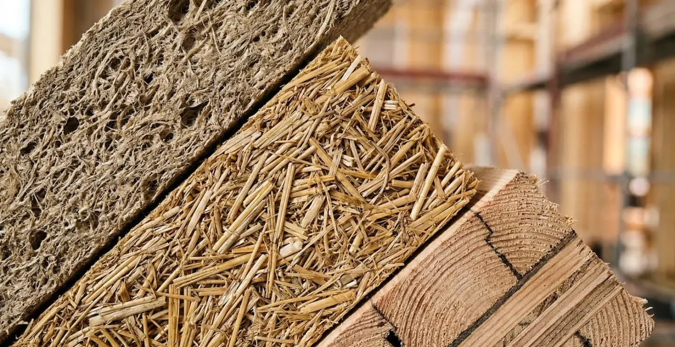Comparaison visuelle de matériaux biosourcés sur un chantier de construction écologique