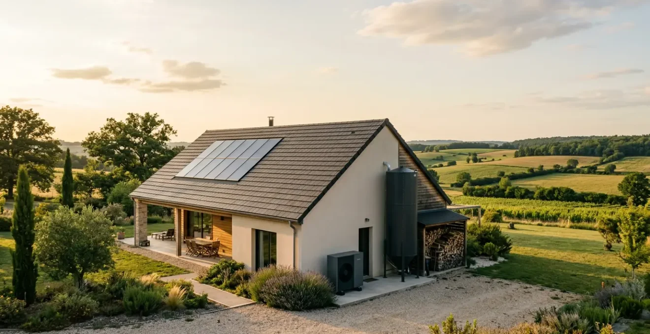 Maison moderne avec panneaux solaires sur le toit, chaudière visible et tas de bois à l'extérieur dans un environnement français