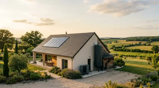 Maison moderne avec panneaux solaires sur le toit, chaudière visible et tas de bois à l'extérieur dans un environnement français