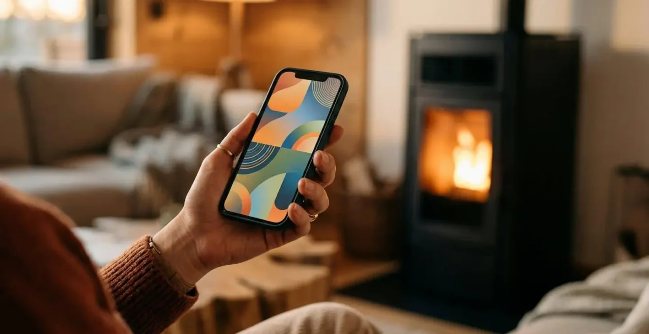 Main tenant un smartphone avec interface de contrôle domotique, poêle à granulés flou en arrière-plan