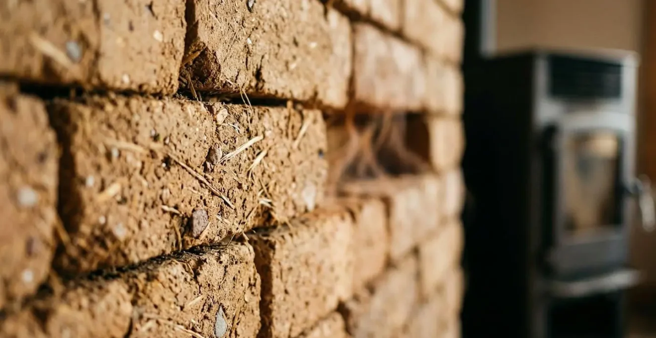 Mur de briques de terre crue derrière un poêle à granulés, vue macro sur la texture naturelle
