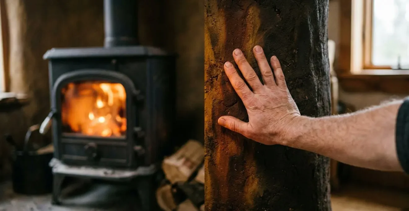 Mur de refend en terre crue sombre derrière un poêle à bois avec absorption visible de la chaleur