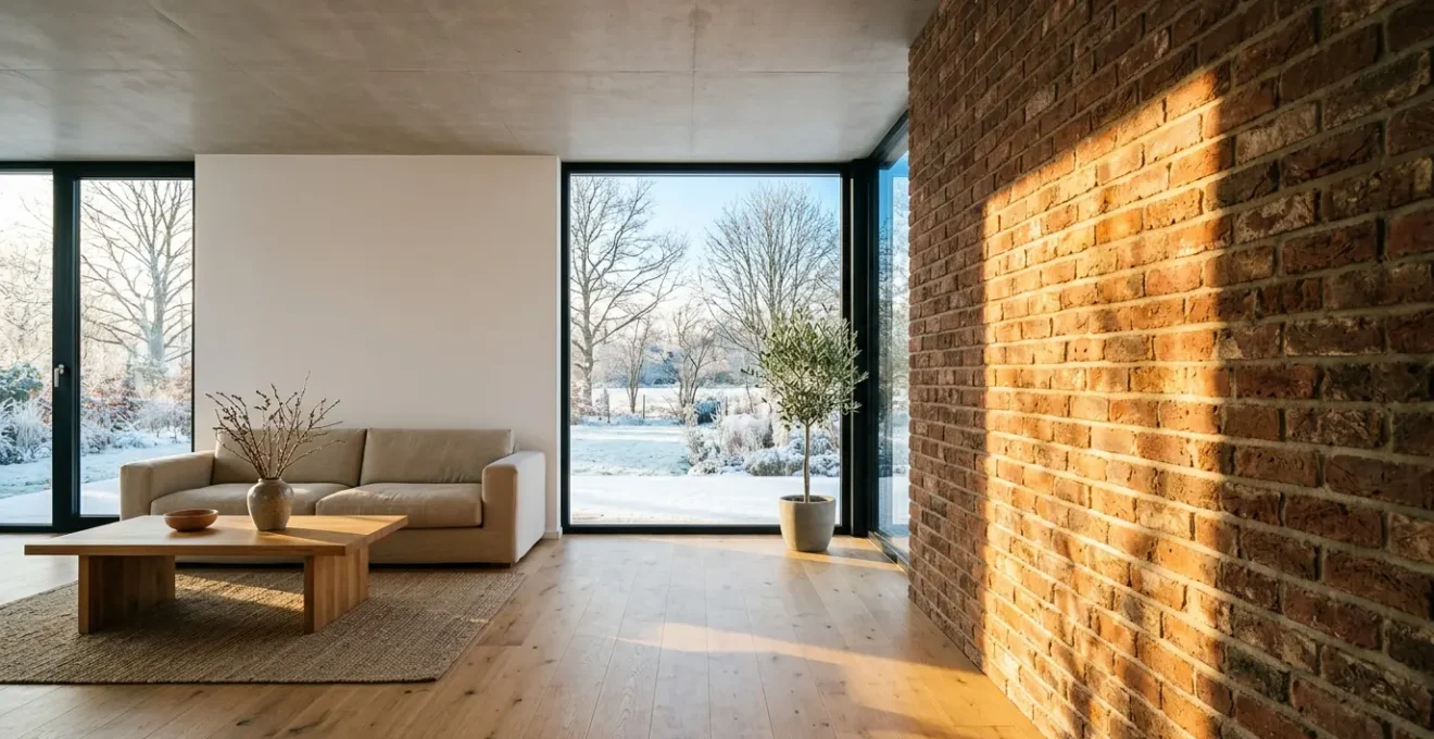 Intérieur d'une maison bioclimatique avec mur de refend en briques et rayons solaires traversant les baies vitrées