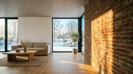 Intérieur d'une maison bioclimatique avec mur de refend en briques et rayons solaires traversant les baies vitrées