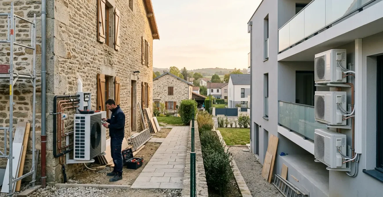 Installation de pompe à chaleur moderne avec technicien professionnel en rénovation de maison française