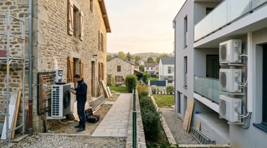 Installation de pompe à chaleur moderne avec technicien professionnel en rénovation de maison française