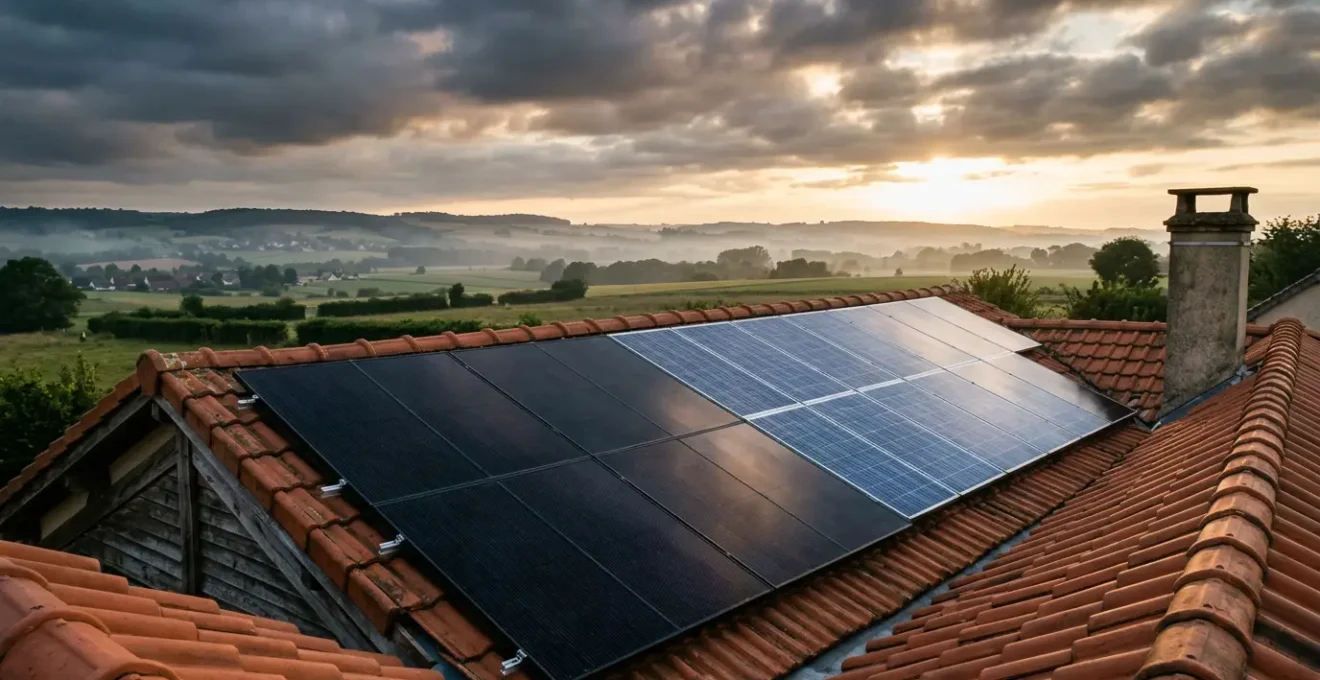 Comparaison visuelle de panneaux solaires monocristallins et polycristallins sur un toit français sous ciel nuageux