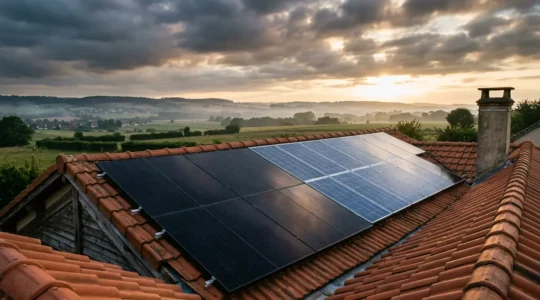 Comparaison visuelle de panneaux solaires monocristallins et polycristallins sur un toit français sous ciel nuageux