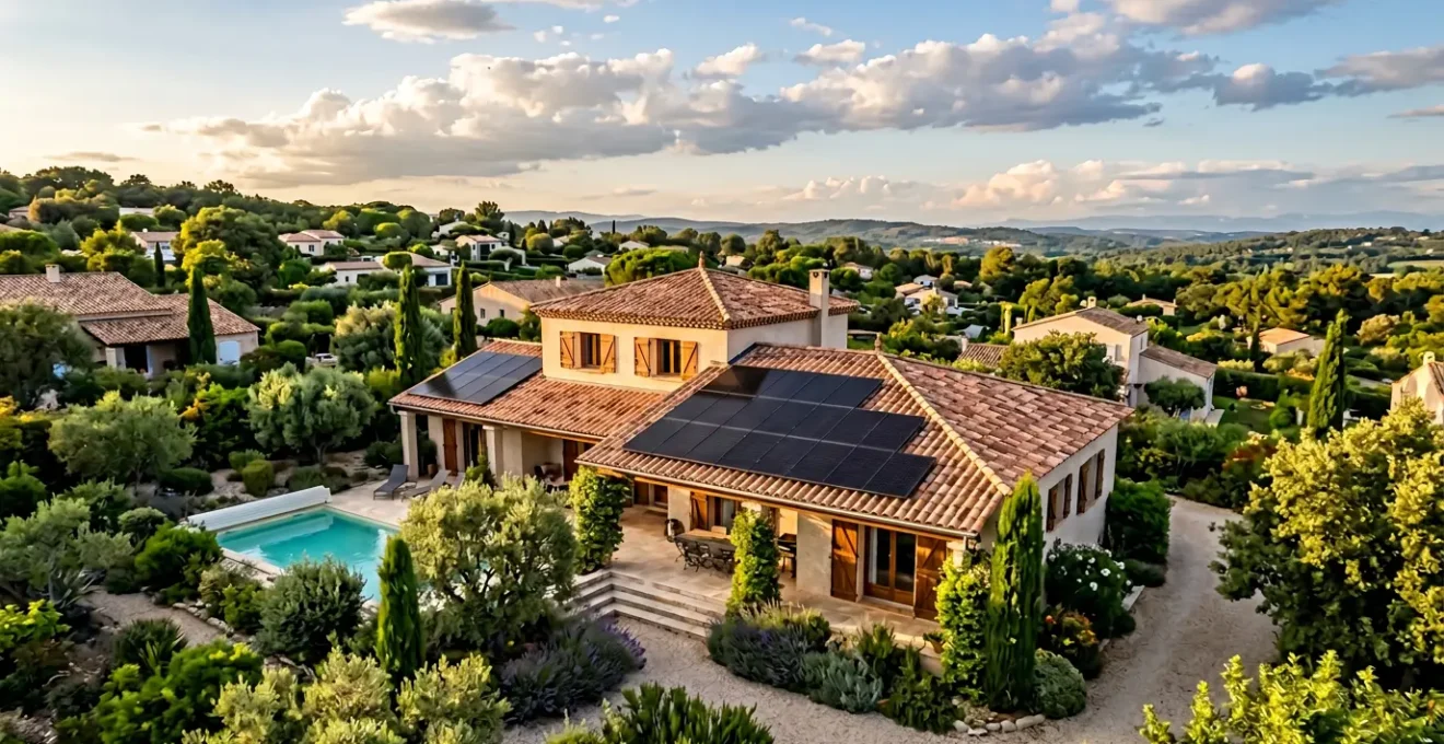 Vue aérienne de panneaux solaires monocristallins Full Black sur un toit de maison française contemporaine
