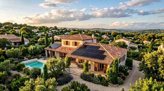 Vue aérienne de panneaux solaires monocristallins Full Black sur un toit de maison française contemporaine