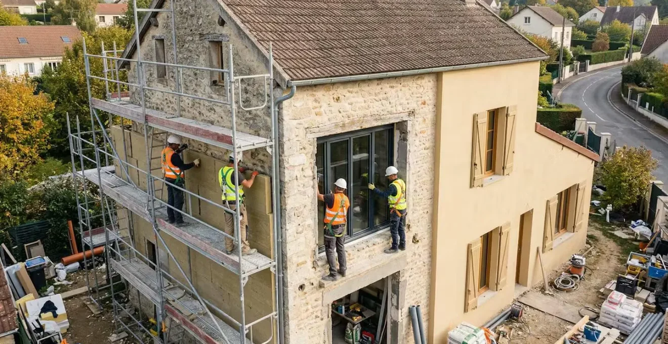 Vue aérienne d'une maison en cours de rénovation BBC montrant les différentes phases des travaux