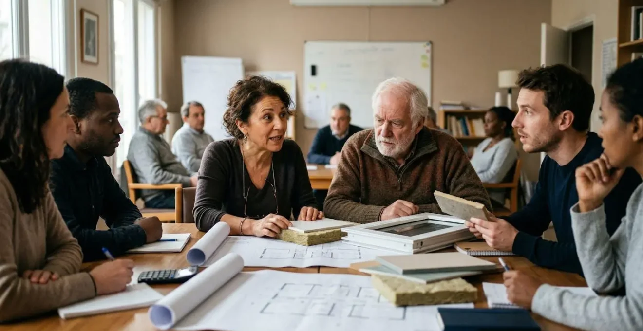 Assemblée générale de copropriété discutant du plan pluriannuel de travaux avec documents et maquette