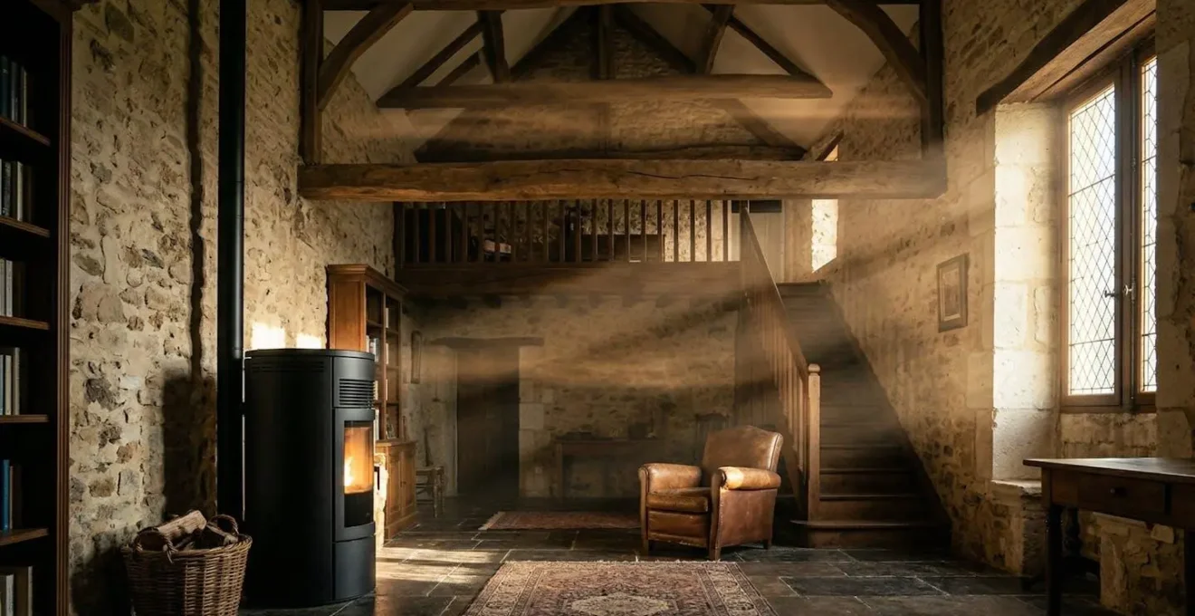 Vue en coupe d'un salon montrant la stratification de l'air chaud d'un poêle à convection naturelle