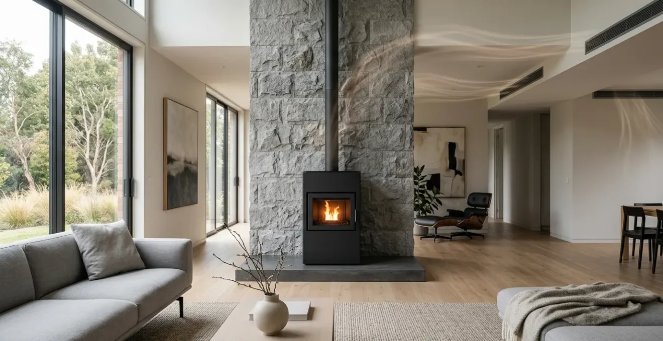 Poêle à granulés canalisable moderne dans un salon avec gaines de distribution visibles au plafond