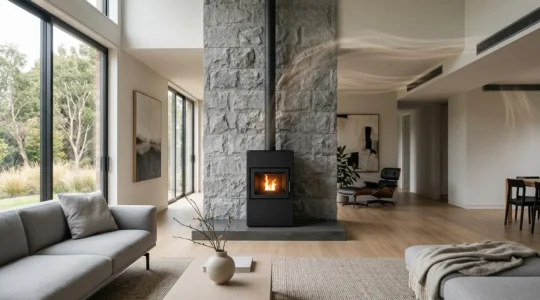 Poêle à granulés canalisable moderne dans un salon avec gaines de distribution visibles au plafond