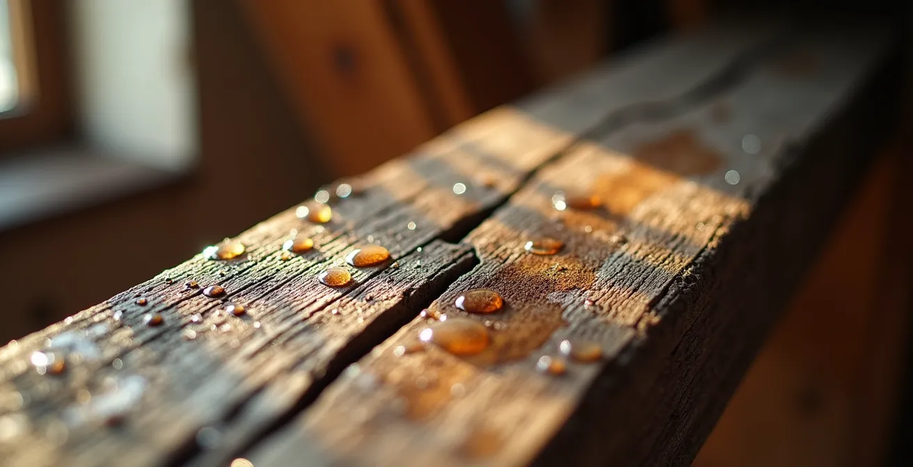 Vue macro d'une poutre de charpente en bois montrant les signes d'humidité et de condensation