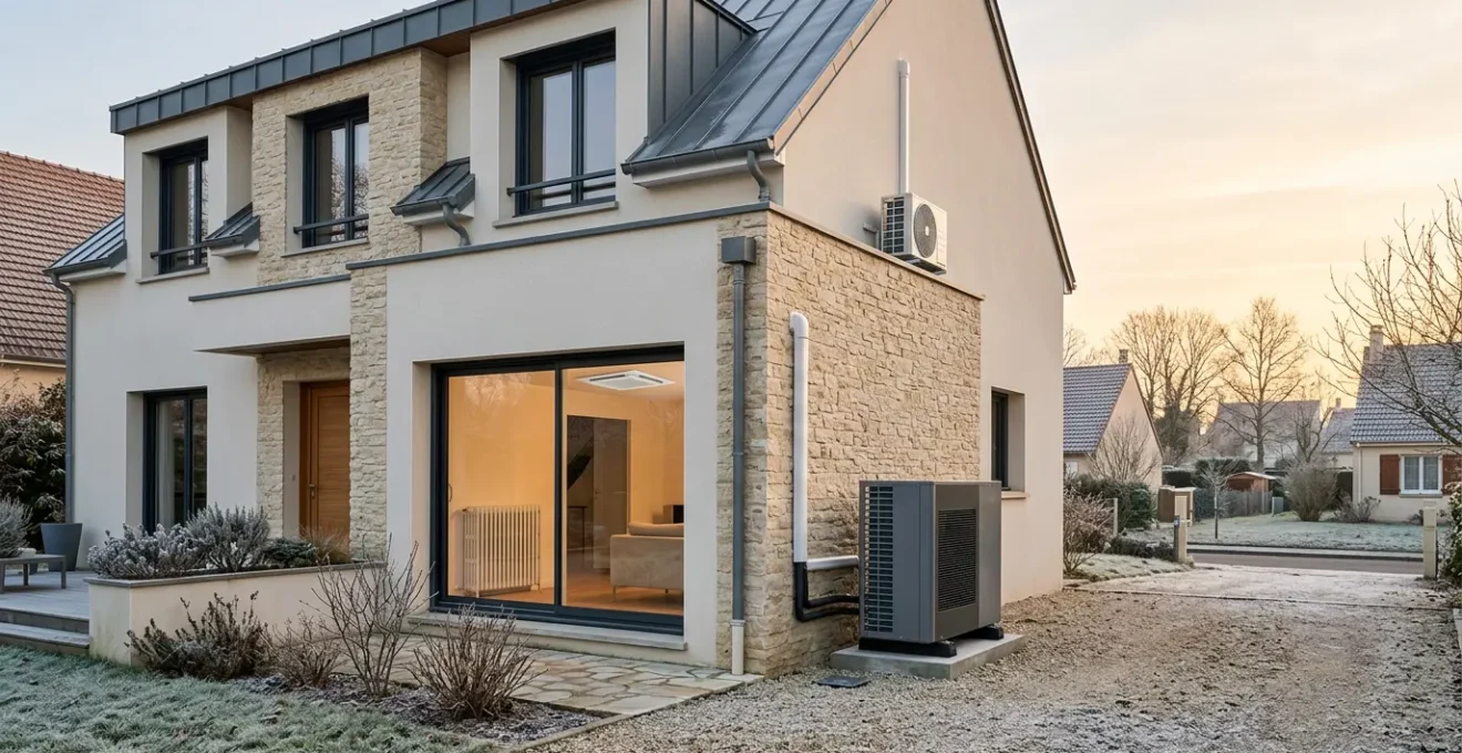 Vue extérieure d'une maison française moderne avec pompe à chaleur et radiateurs visibles à travers les fenêtres