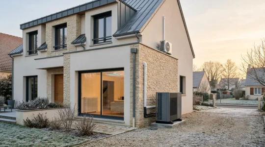 Vue extérieure d'une maison française moderne avec pompe à chaleur et radiateurs visibles à travers les fenêtres