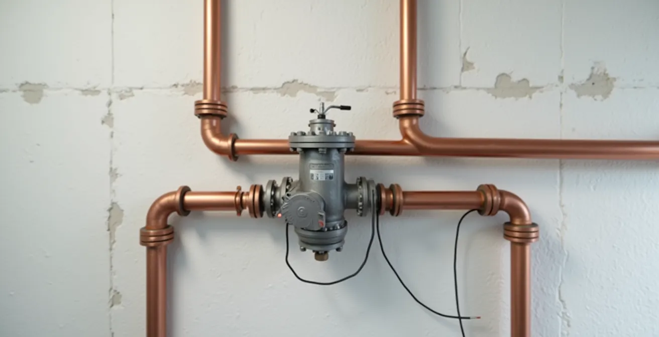 Vue en coupe d'un pot à boues magnétique installé sur une tuyauterie de chauffage