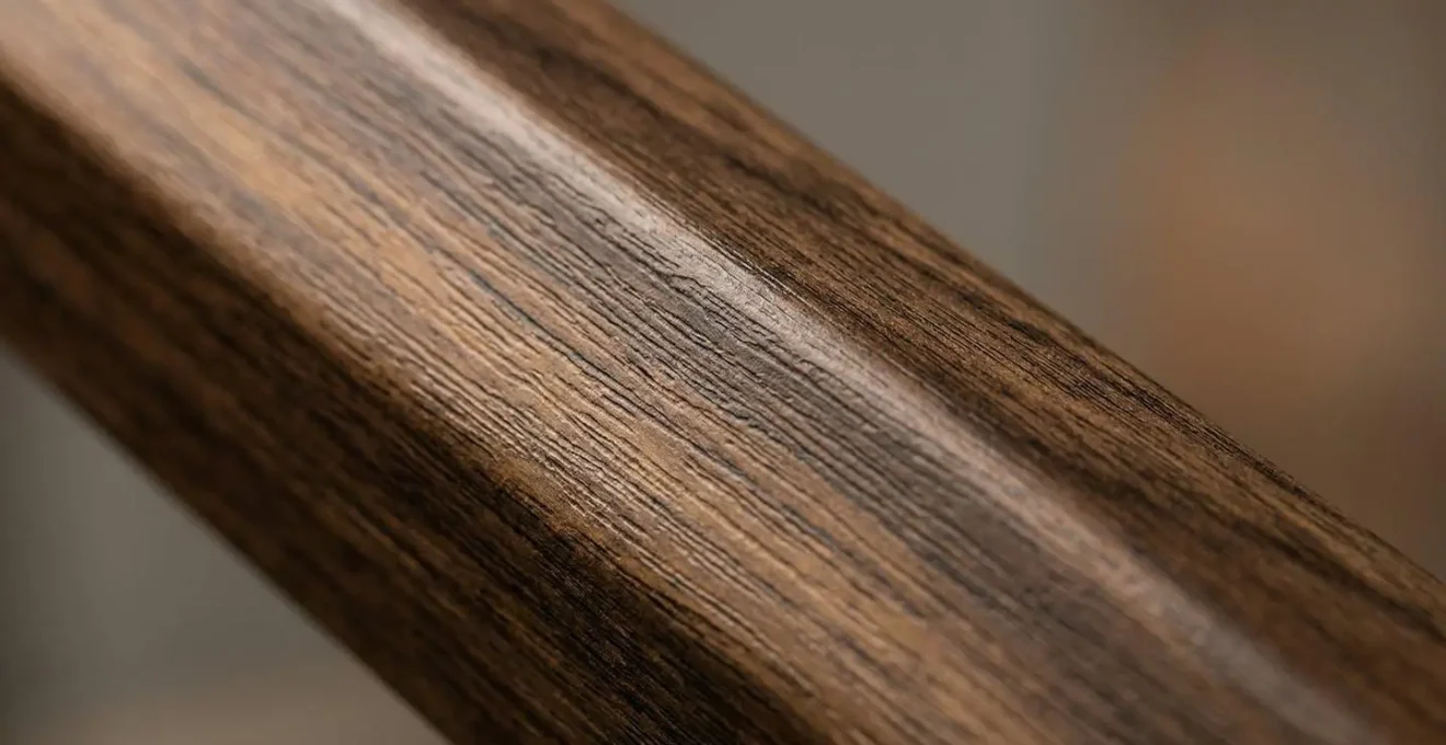 Détail macro d'un profilé PVC plaxé imitation chêne montrant la texture du grain de bois