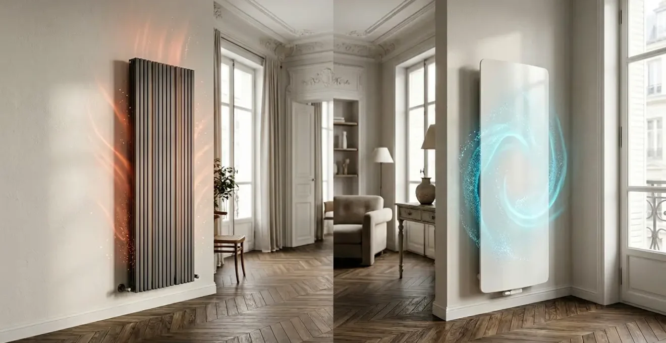 Comparaison visuelle entre radiateur à inertie sèche et fluide dans un intérieur français