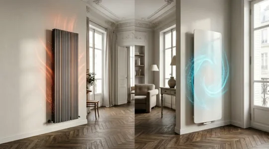 Comparaison visuelle entre radiateur à inertie sèche et fluide dans un intérieur français