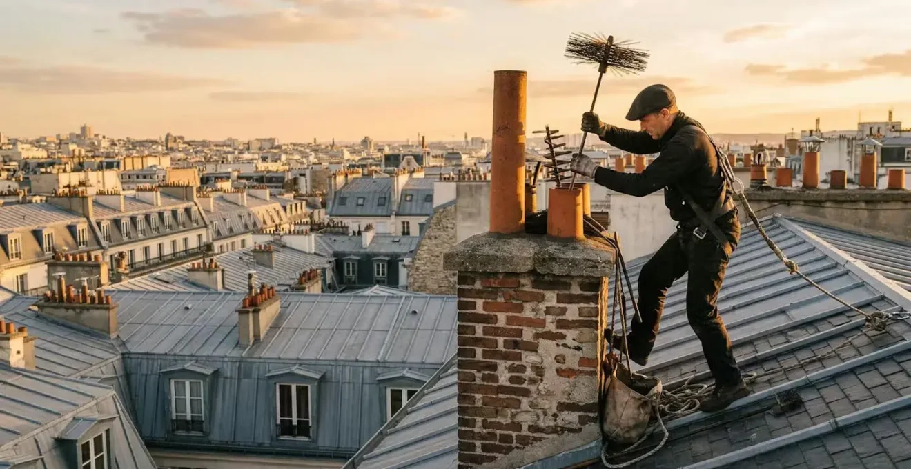 Ramoneur professionnel utilisant un hérisson mécanique pour nettoyer un conduit de cheminée