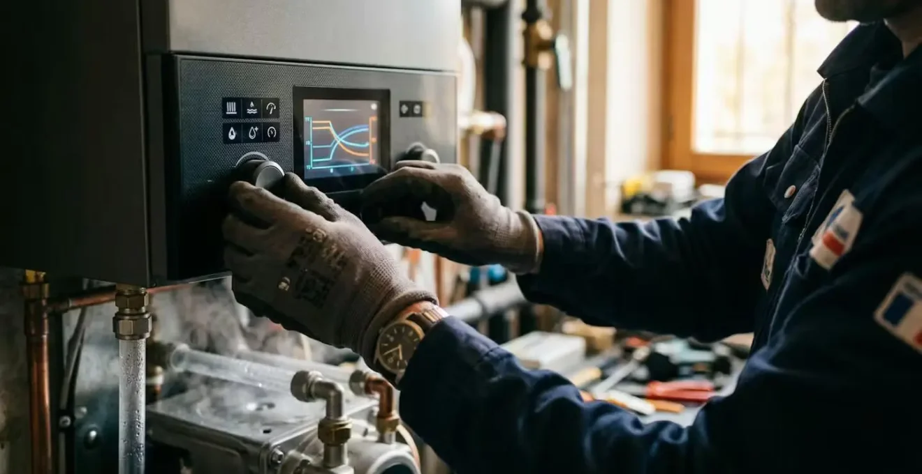 Technicien ajustant les paramètres de courbe de chauffe sur une chaudière à condensation