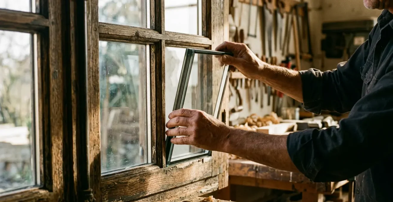 Menuiserie en bois ancienne avec double vitrage en cours d'installation